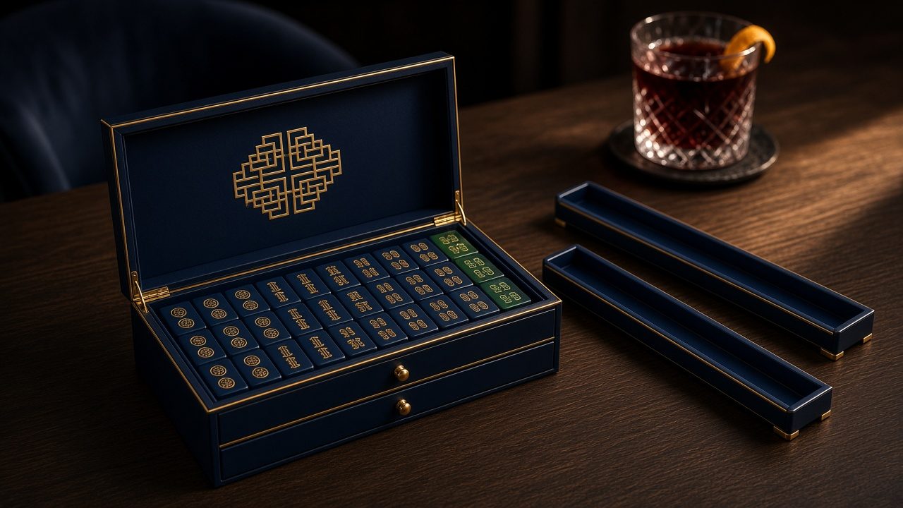 Set Noche: fichas azul marino y dorado en estuche azul